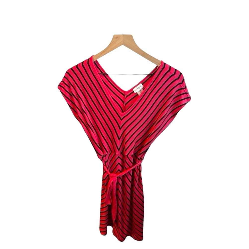 Motherhood Maternity Dress Pink Black‎ Striped V Neck Belted Size M